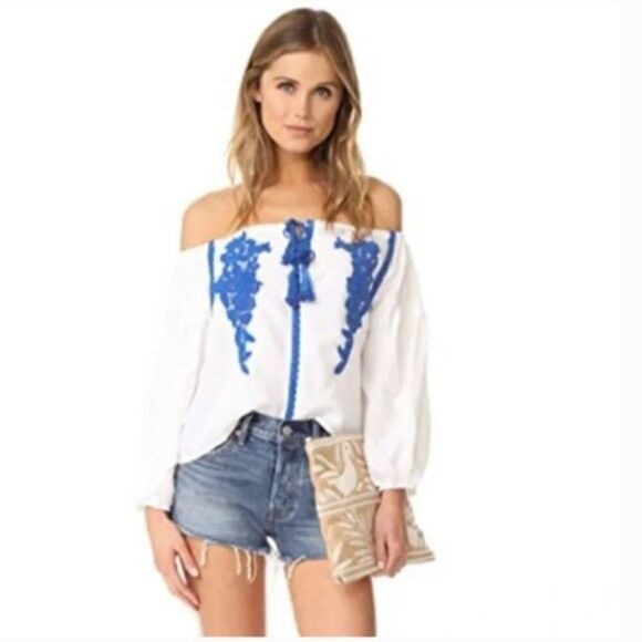 Revolve Line & Dot Size XS Blue and White Embroidery Off the Shoulder Blouse - Picture 2 of 10